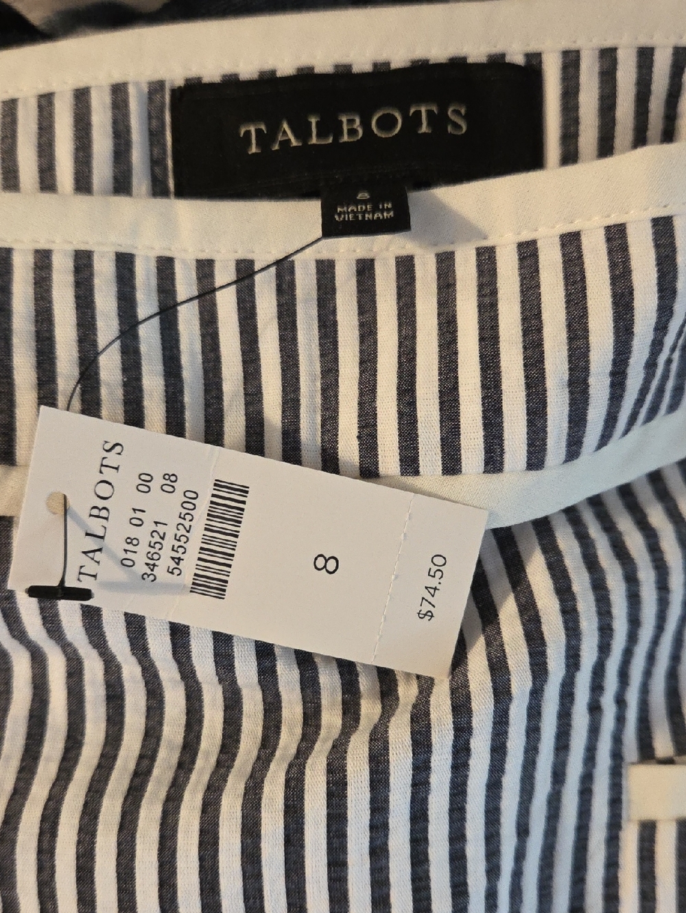 Talbots indigo blue and white striped cotton seersucker a-line skirt